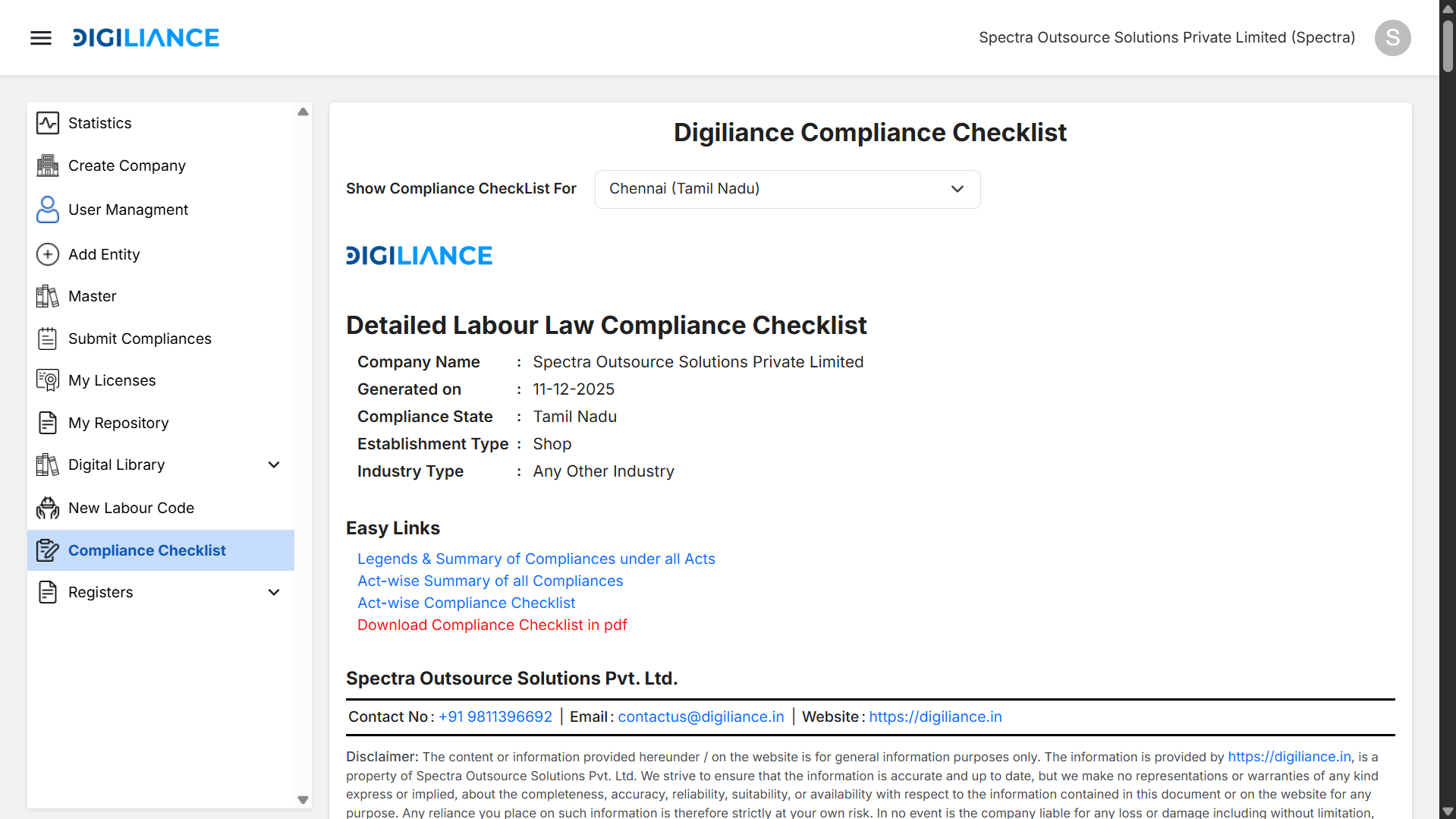 Compliance Checklist Screenshot